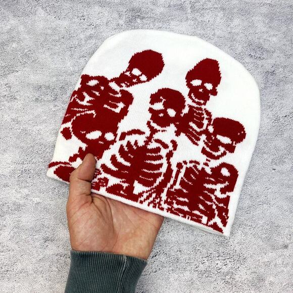 grunge punk red and white skeleton beanie - Picture 2 of 6